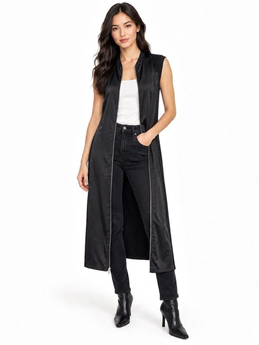 Missguided Black Longline Sleeveless Zip Duster Vest Satin Front US 0 (XS)